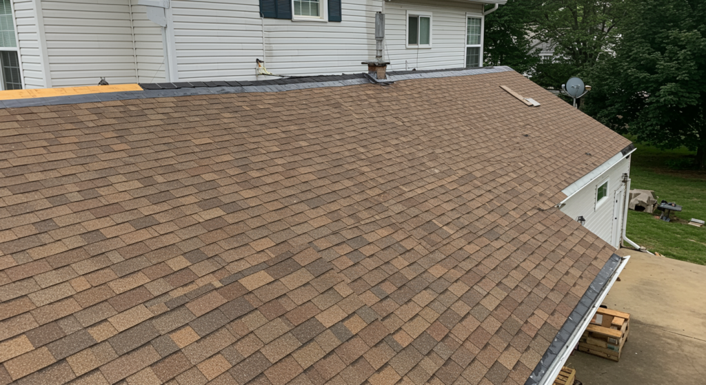Newly installed residential roof with uniform shingles and pristine siding after roof replacement by a general contractor